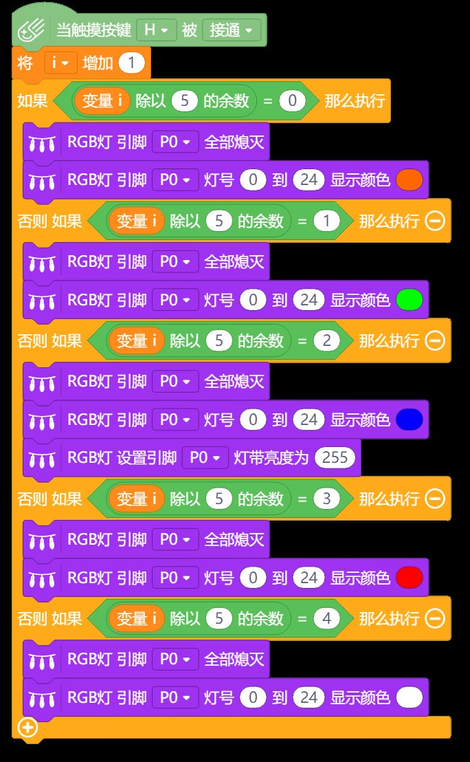图 6-11 色彩控制积木：变量 i 每次加 1，再用 i 除以 5 的余数选出橙、绿、蓝、红、白五色之一